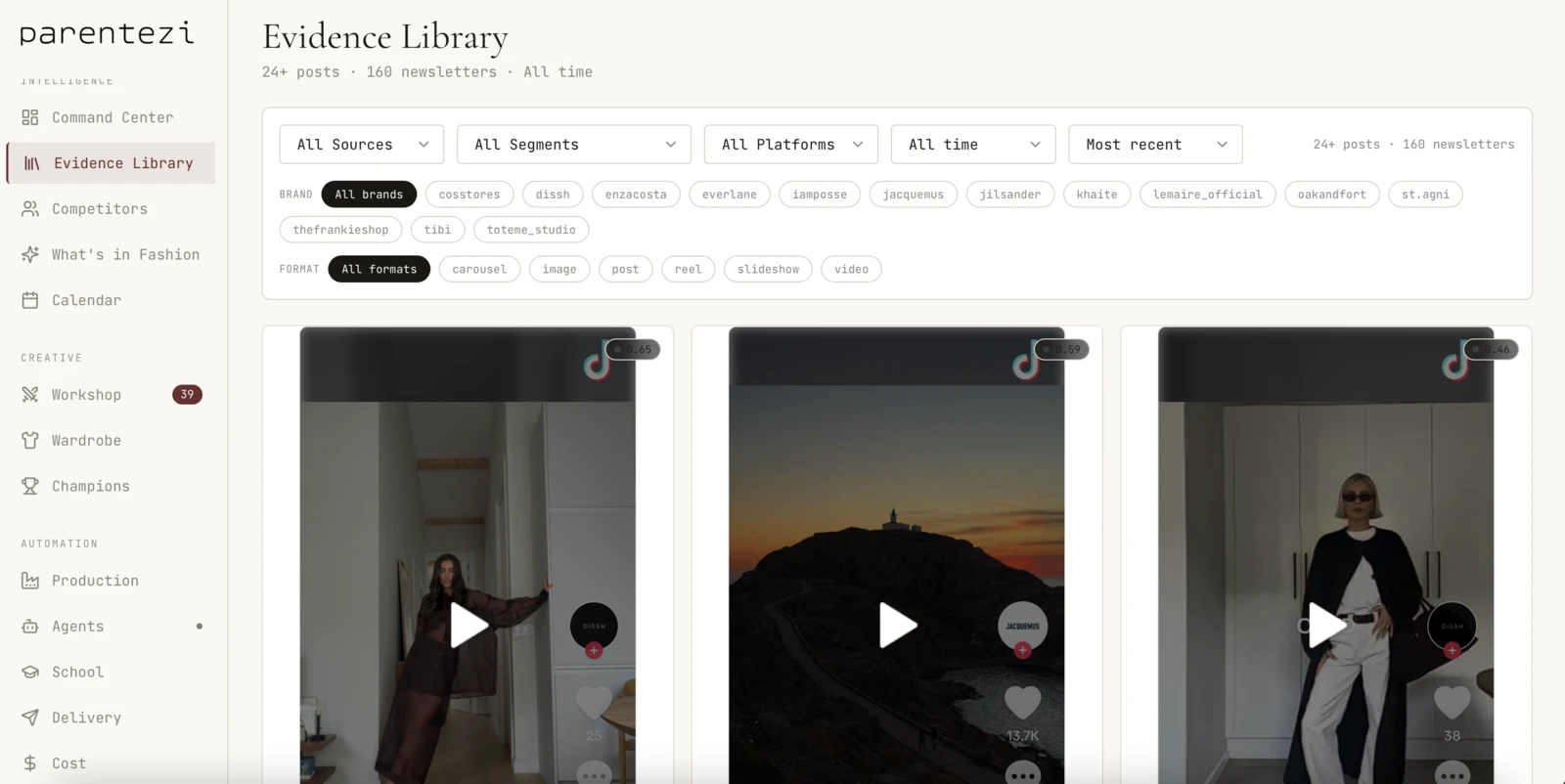 Parentezi Evidence Library — competitor posts filtered by brand, format, and platform