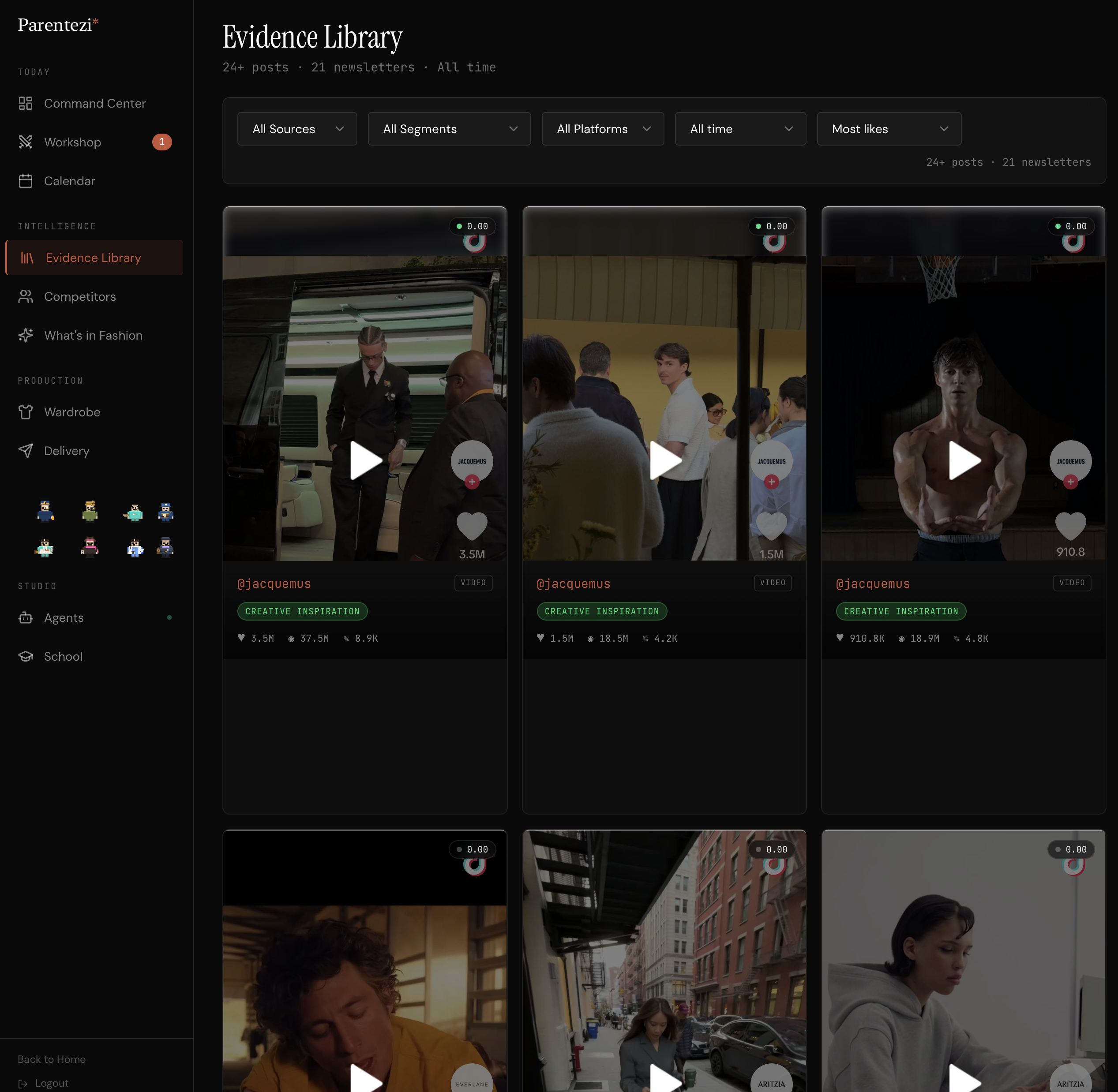 Parentezi Evidence Library — scored competitor posts across Instagram and TikTok