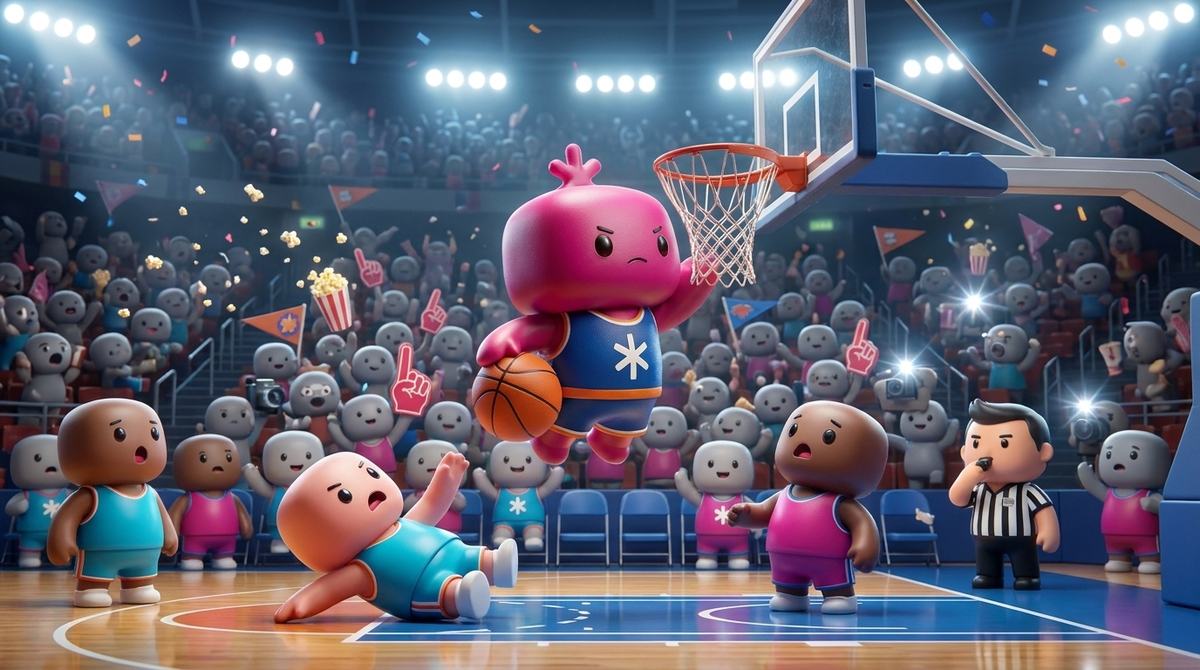 Achilles dunks a basketball before a packed, confetti-filled arena of cheering characters.