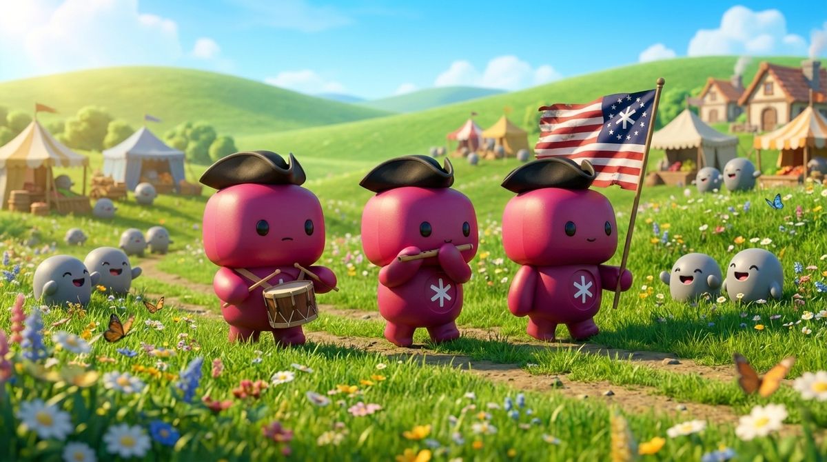 Three magenta mascots in colonial tricorn hats march with drum, fife, and a thirteen-star flag along a flowered path.
