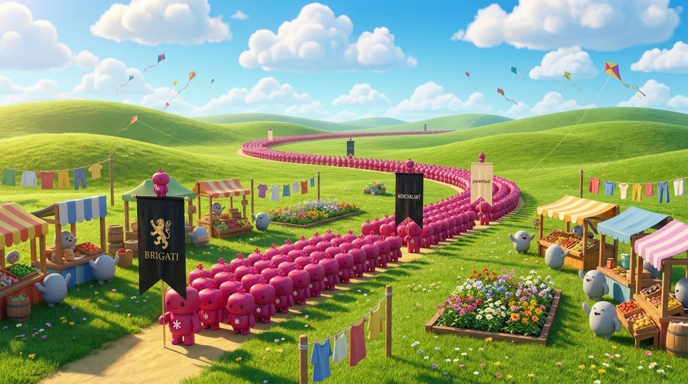 A long column of magenta agents winds through a sunny valley of market stalls, kites, and flower beds, carrying brand banners.